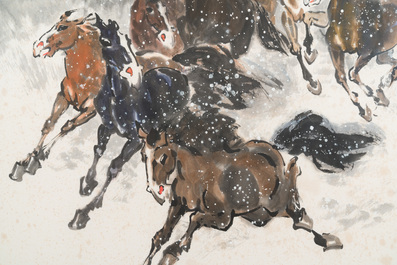 Ma Xinle 馬欣樂 (1963-): 'Douze chevaux dans la neige', encre et couleurs sur papier, dat&eacute; 1993