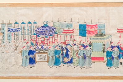 Ecole chinoise: La procession de p&egrave;lerinage du festival Dajia Mazu &agrave; Taiwan, encre et couleurs sur soie, Qing