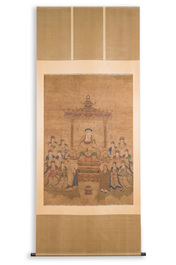 Chinese school: 'Buddha seated on a lotus throne', ink and colour on silk, 18/19th C.