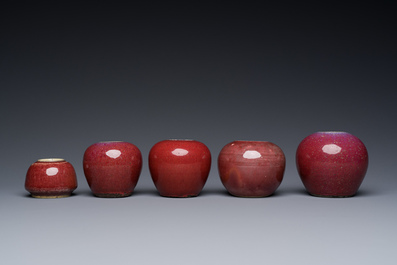 Five Chinese copper-red and flamb&eacute;-glazed water pots, 19th C.