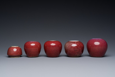 Five Chinese copper-red and flamb&eacute;-glazed water pots, 19th C.