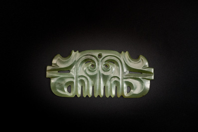 A Chinese spinach jade pendant in Hongshan-style, Qing