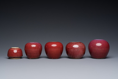 Five Chinese copper-red and flamb&eacute;-glazed water pots, 19th C.