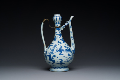 A Chinese blue and white jug with cranes among clouds, Chang Ming Fu Gui 長命富貴 mark, Ming