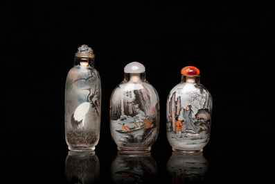 Three Chinese inside-painted glass snuff bottles, 20th C.