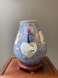 A large Chinese doucai-rose 'hu' vase with butterflies and birds, Qianlong mark but probably later