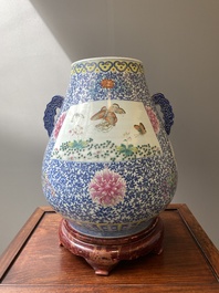 A large Chinese doucai-rose 'hu' vase with butterflies and birds, Qianlong mark but probably later
