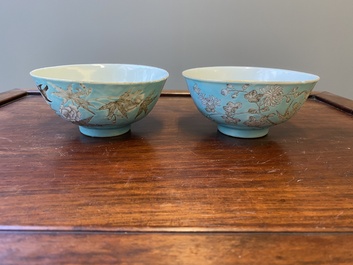 Two Chinese turquoise-ground grisaille-decorated Dayazhai bowls, Yong Qing Chang Chun 永慶長春 mark, Guangxu