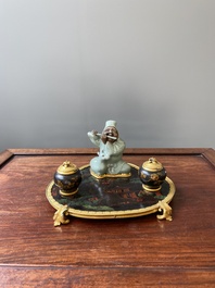 A French lacquered and painted wood, gilt bronze and Japanese celadon porcelain inkwell desk set, late 18th C.