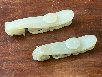 Two Chinese white jade fine carved belt hooks, Qing