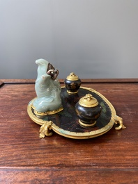 A French lacquered and painted wood, gilt bronze and Japanese celadon porcelain inkwell desk set, late 18th C.