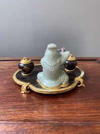 A French lacquered and painted wood, gilt bronze and Japanese celadon porcelain inkwell desk set, late 18th C.