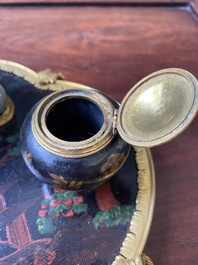 A French lacquered and painted wood, gilt bronze and Japanese celadon porcelain inkwell desk set, late 18th C.