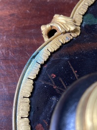 A French lacquered and painted wood, gilt bronze and Japanese celadon porcelain inkwell desk set, late 18th C.