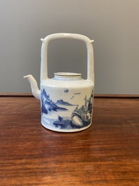 A Chinese blue and white teapot with a fine landscape, Chenghua mark, Kangxi