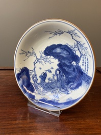 Een zeldzaam Chinees blauw-wit 'Xi Xiang Ji' bord met een gedeelte van een gedicht, Jiajing merk, Transitie periode
