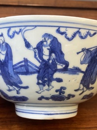 Bol en porcelaine de Chine en bleu et blanc &agrave; d&eacute;cor des 'huit immortels', marque et &eacute;poque de Jiajing