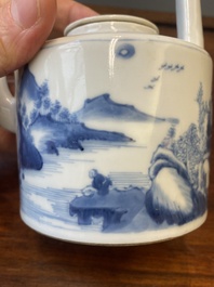 A Chinese blue and white teapot with a fine landscape, Chenghua mark, Kangxi