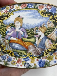 A fine Beijing enamel oval snuff box and cover with European ladies, Qianlong mark and probably of the period