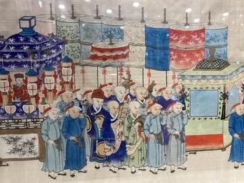 Ecole chinoise: La procession de p&egrave;lerinage du festival Dajia Mazu &agrave; Taiwan, encre et couleurs sur soie, Qing