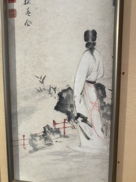 Ecole chinoise, sign&eacute; Zhang Daqian 張大千 (1898-1983): 'Beaut&eacute; dans le jardin', encre et couleurs sur papier, dat&eacute; 1975