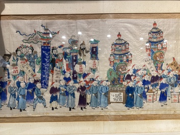 Ecole chinoise: La procession de p&egrave;lerinage du festival Dajia Mazu &agrave; Taiwan, encre et couleurs sur soie, Qing