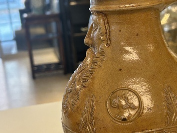 An exceptionally fine pewter-lidded stoneware bellarmine jug with portrait medallions, Cologne, Germany, 2nd quarter 16th C.