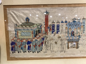 Ecole chinoise: La procession de p&egrave;lerinage du festival Dajia Mazu &agrave; Taiwan, encre et couleurs sur soie, Qing