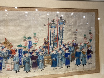 Ecole chinoise: La procession de p&egrave;lerinage du festival Dajia Mazu &agrave; Taiwan, encre et couleurs sur soie, Qing