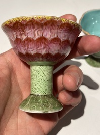 A pair of rare Chinese famille rose lotus-shaped stem cups, Yongzheng