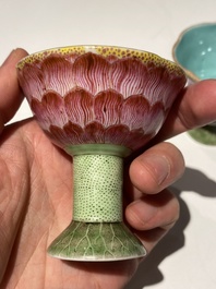 A pair of rare Chinese famille rose lotus-shaped stem cups, Yongzheng