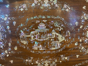 An extremely large Chinese mother-of-pearl-inlaid wooden tray with a central pavillion design, 19th C.