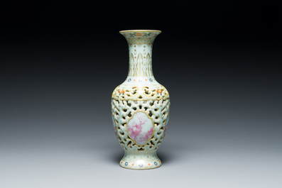 A Chinese famille rose reticulated double-walled vase, Qianlong mark, Republic