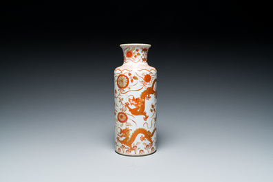 A Chinese iron-red and gilt rouleau 'dragons' vase, Kangxi