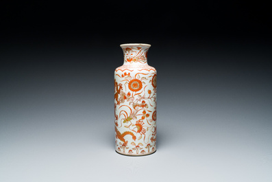 A Chinese iron-red and gilt rouleau 'dragons' vase, Kangxi