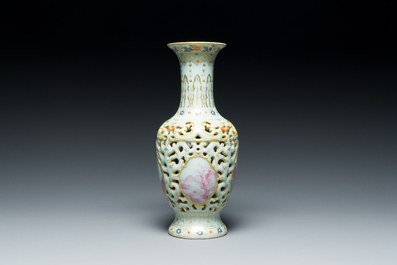 A Chinese famille rose reticulated double-walled vase, Qianlong mark, Republic