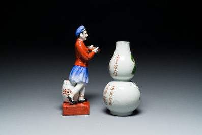 A Chinese double gourd-shaped 'Mao' vase and a figure of a waitress, Cultural Revolution, the vase dated 1968