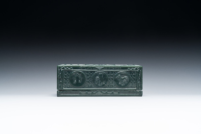 A square Chinese spinach jade box and cover, 19th C.