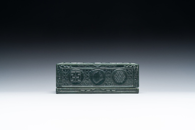 A square Chinese spinach jade box and cover, 19th C.