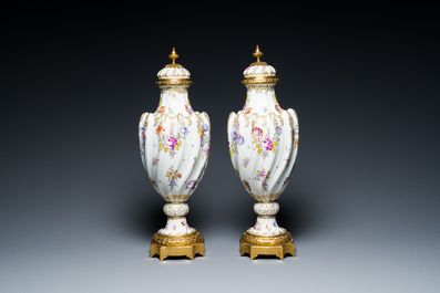 A pair of polychrome H&ouml;chst porcelain vases with gilt-bronze mounts, Germany, 19th C.