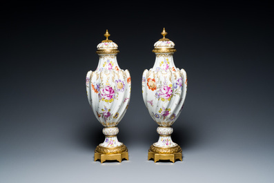 A pair of polychrome H&ouml;chst porcelain vases with gilt-bronze mounts, Germany, 19th C.