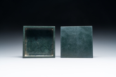 A square Chinese spinach jade box and cover, 19th C.