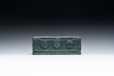 A square Chinese spinach jade box and cover, 19th C.