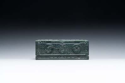 A square Chinese spinach jade box and cover, 19th C.