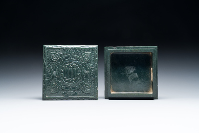 A square Chinese spinach jade box and cover, 19th C.