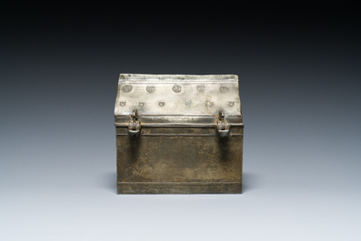 A French pewter casket or chrismatorium with impressed fleur-de-lis seals, 17th C.