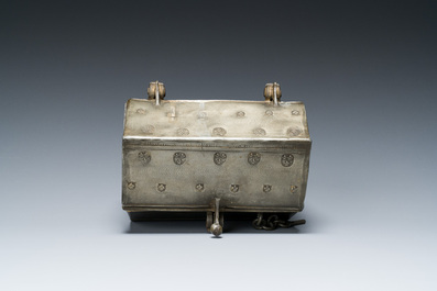 A French pewter casket or chrismatorium with impressed fleur-de-lis seals, 17th C.