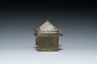 A French pewter casket or chrismatorium with impressed fleur-de-lis seals, 17th C.