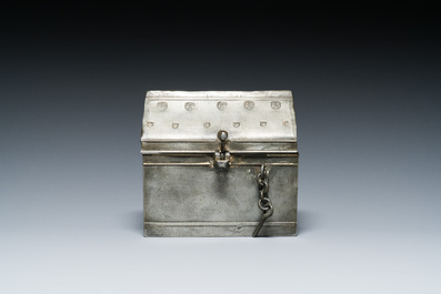 A French pewter casket or chrismatorium with impressed fleur-de-lis seals, 17th C.