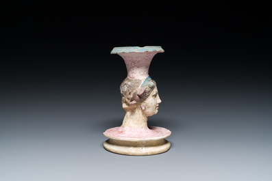 Vase &agrave; t&ecirc;te de femme en c&eacute;ramique grecque polychrome, Canosa, Apulie (Pouilles), Italie, ca. 4/3&egrave;me si&egrave;cle av. J.-C.